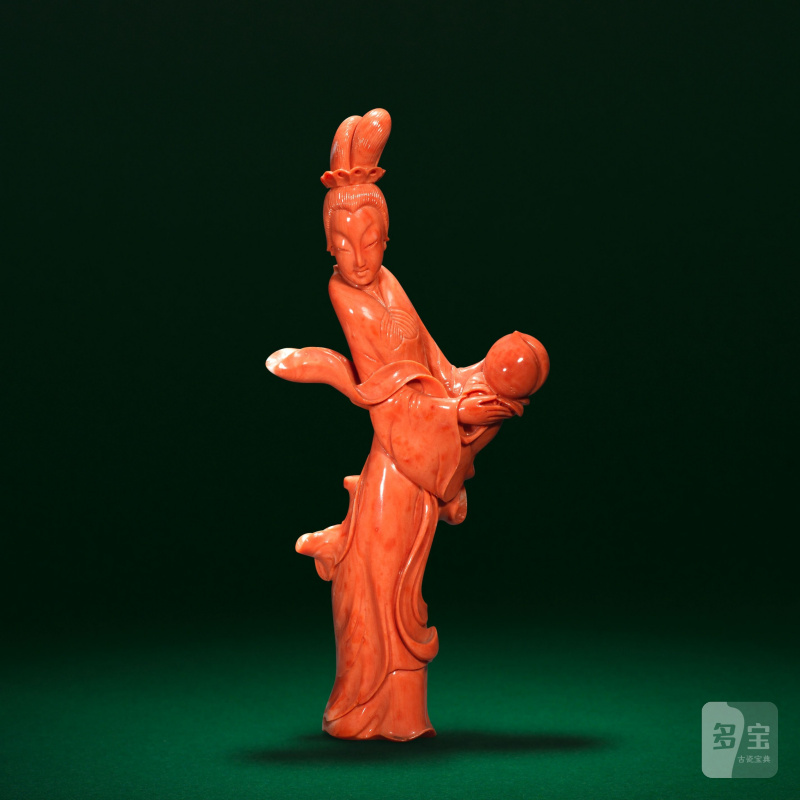 民國 珊瑚雕麻姑獻壽擺件 | A CORAL FIGURE OF A LADY HOLDING A PEACH